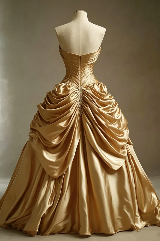 Retro Gold Sweetheart A-Line Satin Luxurious Prom Gowns Evening Ball Gowns DP5576