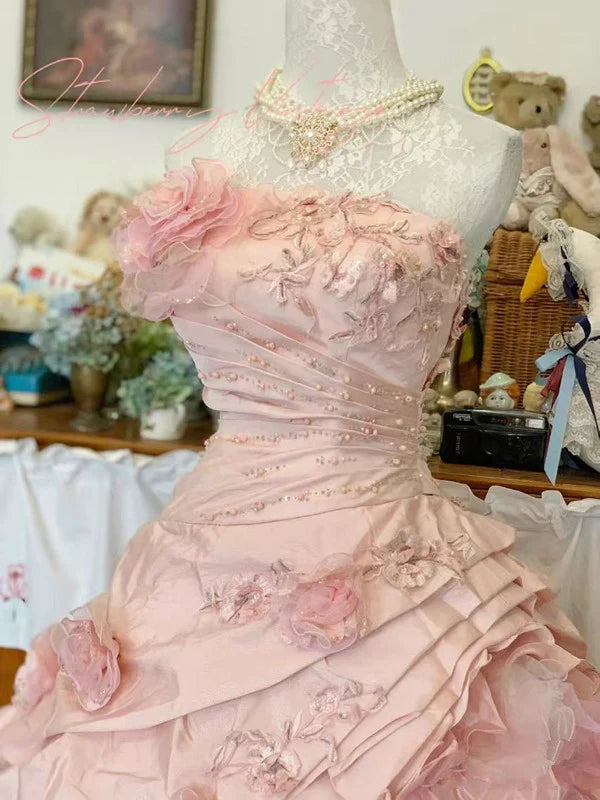 Elegant Pink 3D Flower Sweet 16 Quinceanera A-Line Floor-length Prom Dress Birthday Dress Evening Dress Ball Gown DP6442