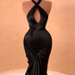 Vintage Black Satin Beaded Prom Dress Halter-neck Evening Dress Mermaid Party Dress Floor Length Formal Dress DP6867
