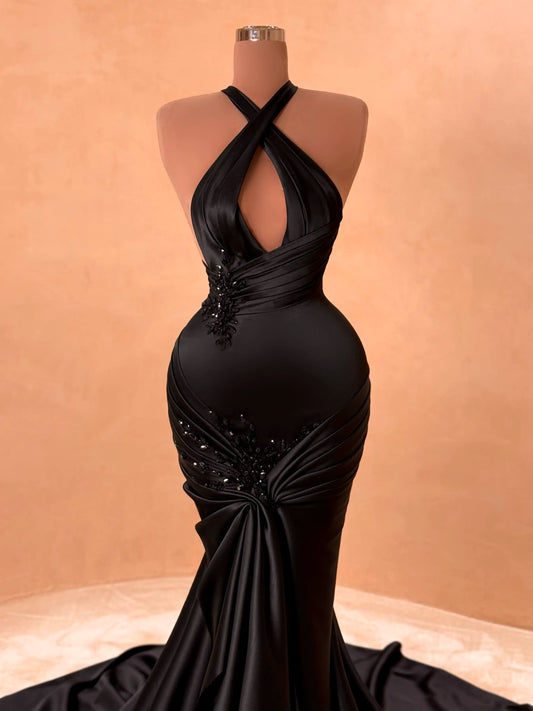 Vintage Black Satin Beaded Prom Dress Halter-neck Evening Dress Mermaid Party Dress Floor Length Formal Dress DP6867