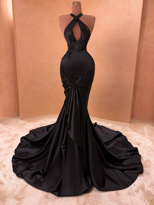 Vintage Black Satin Beaded Prom Dress Halter-neck Evening Dress Mermaid Party Dress Floor Length Formal Dress DP6867