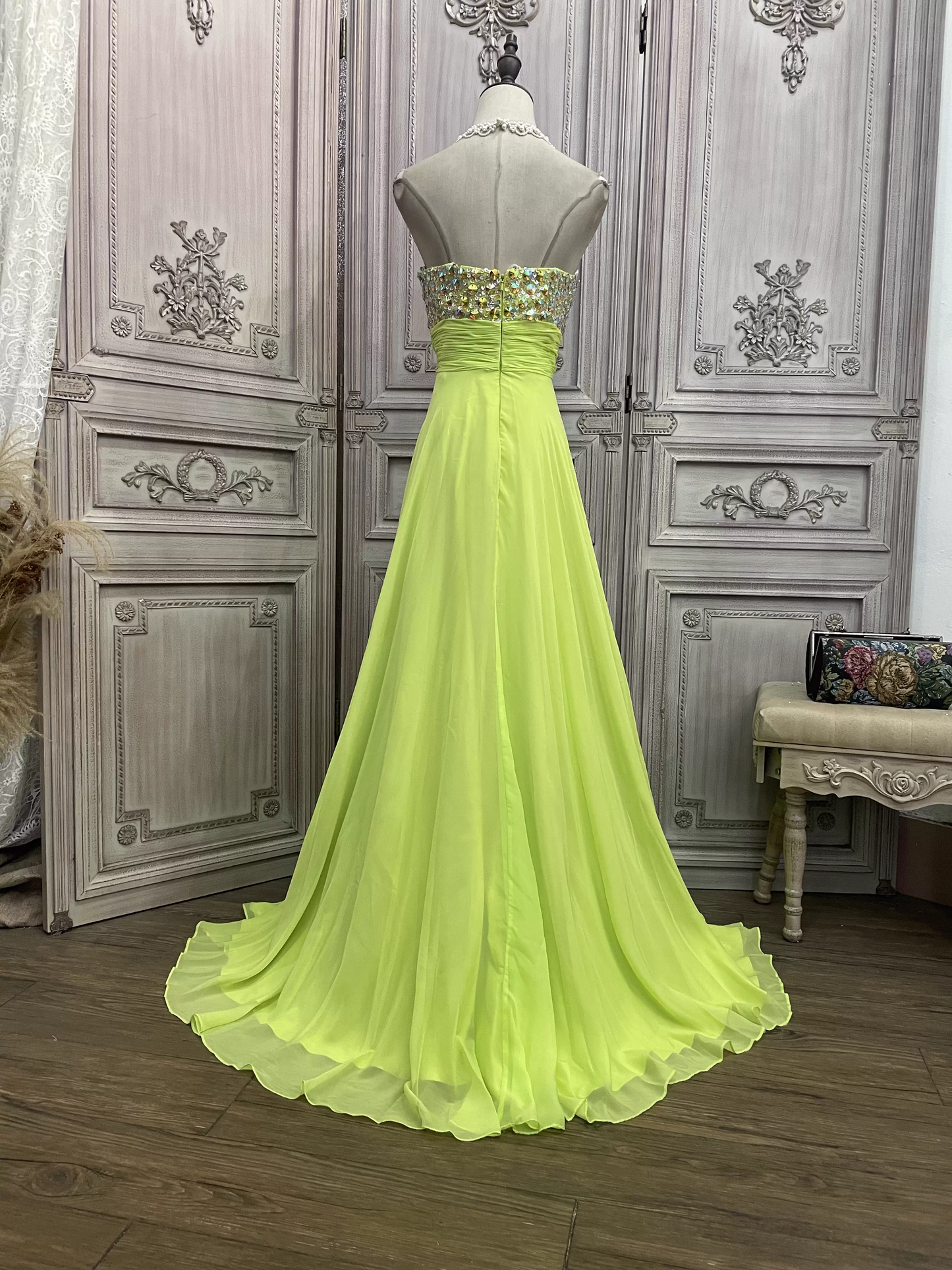 Elegantes, limettengrünes, trägerloses Abendkleid mit Herzausschnitt, Pailletten und Chiffon, Ballkleid DP7620