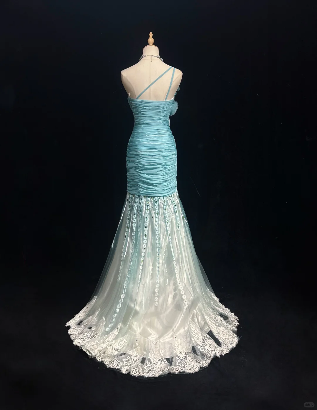 Glamorous Turquoise Strapless Mermaid Evening Gown with 3D Floral Applique Sequin Lace Train Prom Dress DP7288