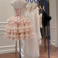 Cute Pink Tiered Lace Sweetheart Ruffled Bow Detail Spaghetti Strap Mini Homecoming Dress DP8490