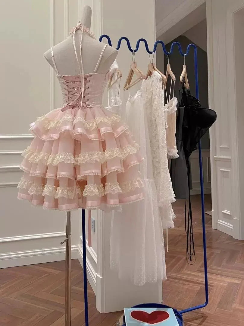 Cute Pink Tiered Lace Sweetheart Ruffled Bow Detail Spaghetti Strap Mini Homecoming Dress DP8490