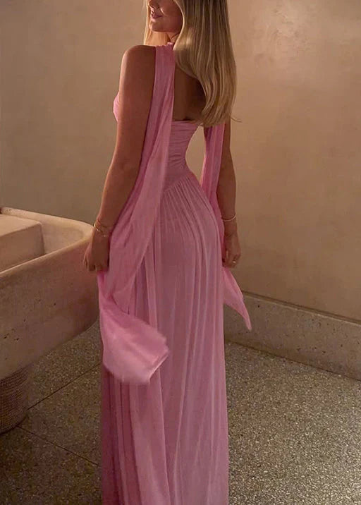 Vintage Pink Strapless Maxi Prom Dress Chiffon Scarf Ruched Bodice Evening Gown DP8287