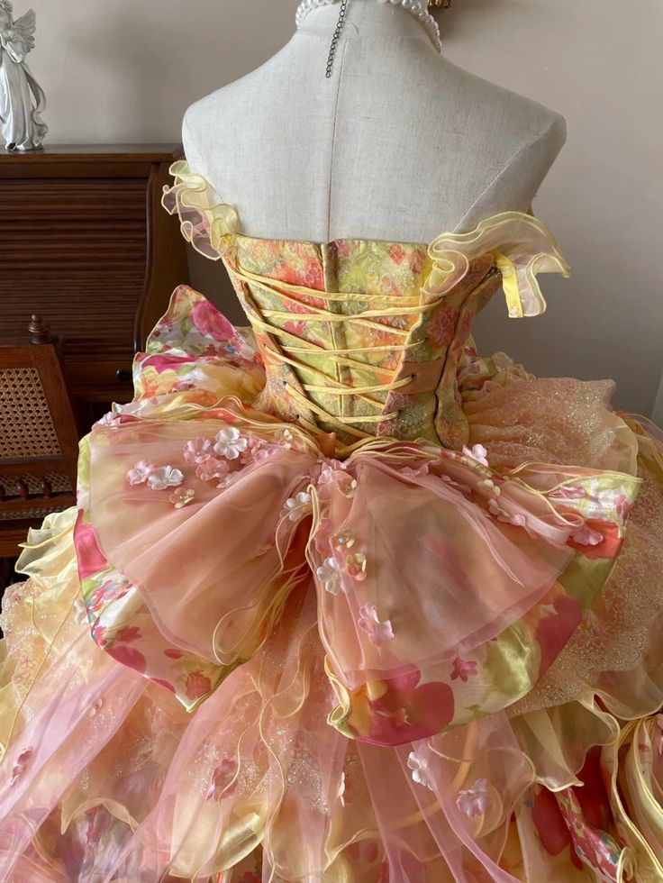 Robe de bal trapue en organza, multicolore pastel, à volants et plusieurs niveaux – Robe de princesse sans bretelles, embellie de fleurs, pour Quinceañera DP7007