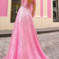 Elegant Pink Sparkle Sequin Lace Ball Gown Sweetheart A-Line Prom Dress Tie Straps Evening Gown DP8190