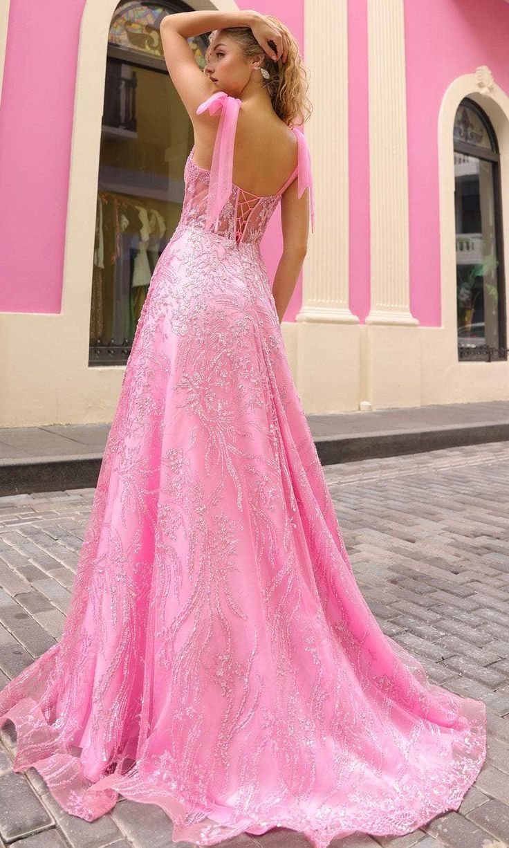 Elegant Pink Sparkle Sequin Lace Ball Gown Sweetheart A-Line Prom Dress Tie Straps Evening Gown DP8190