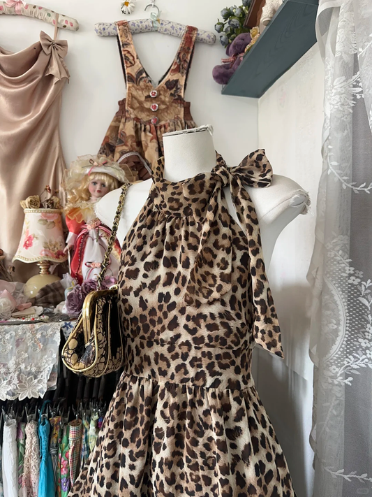 Vintage Leopard Print Halter Dress Design A-Line Homecoming Dress Party Dress DP6209