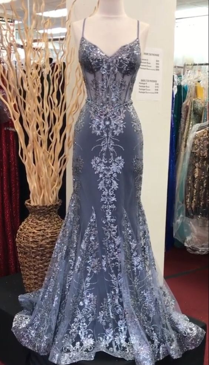 Grey Blue Straps Mermaid Lace Tulle Long Prom Dress Evening Dress, DP2857