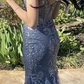 Grey Blue Straps Mermaid Lace Tulle Long Prom Dress Evening Dress, DP2857