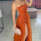 Burnt Orange Spaghetti Straps Tulle A-Line Long Formal Party Dress, DP3630