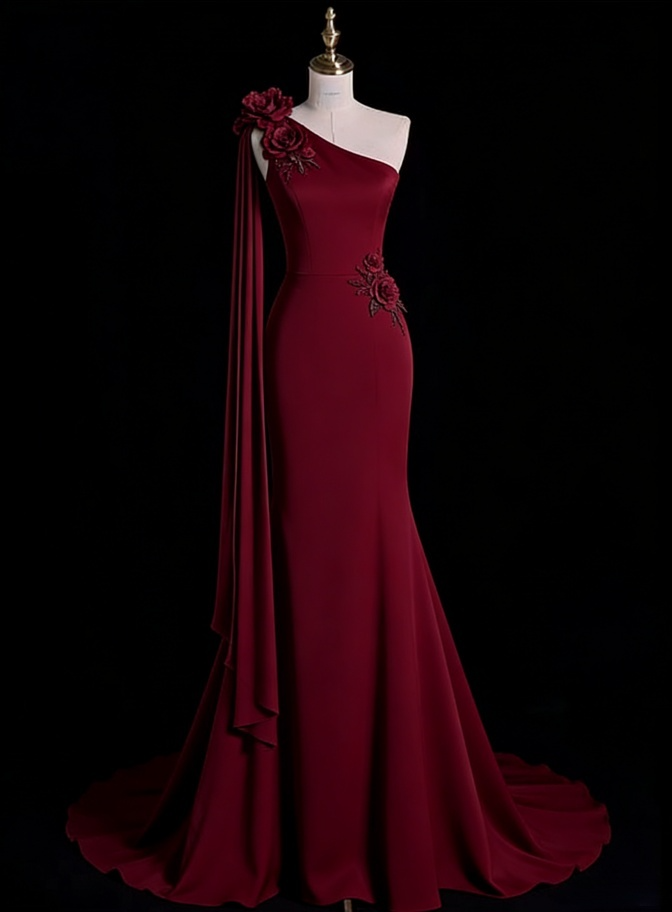 Vintage Burgundy Mermaid Evening Gown One-Shoulder Rose Applique Prom Dress DP7749