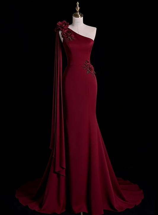 Vintage Burgundy Mermaid Evening Gown One-Shoulder Rose Applique Prom Dress DP7749