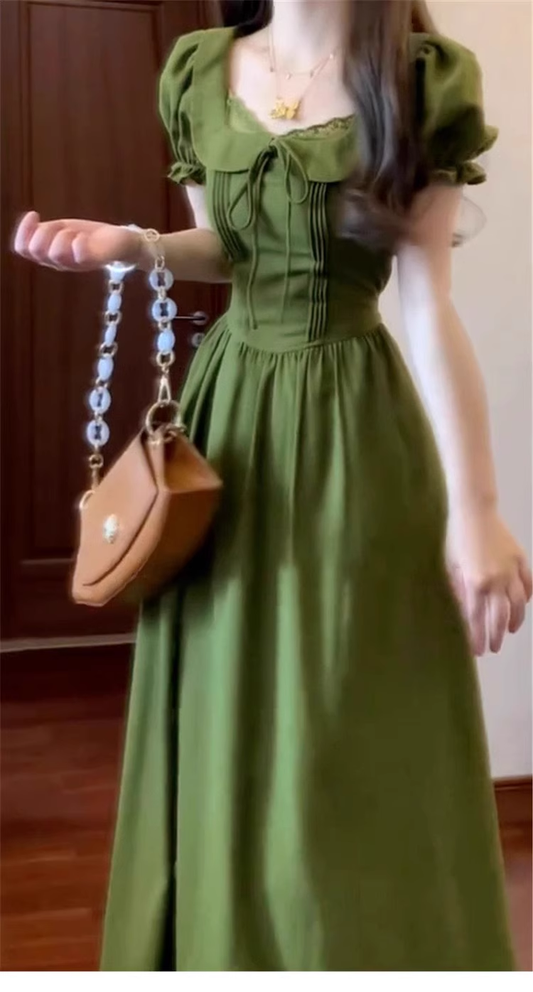 Vintage Olive Green Prom Dress A-Line Short-sleeve Evening Dress Long Formal Dress DP6710