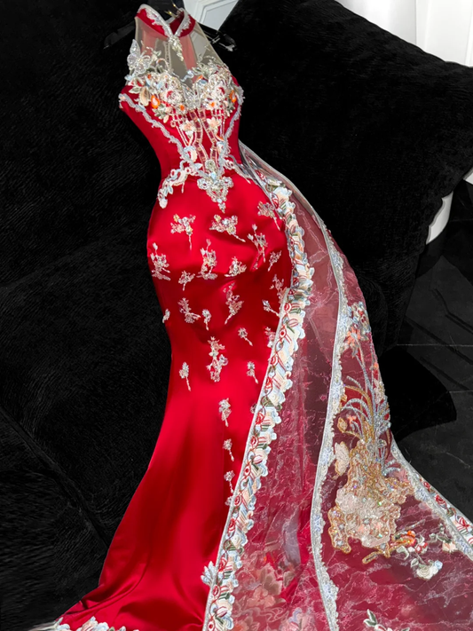 Wunderschönes funkelndes rotes Perlen-Pailletten-Stickmuster, elegantes Meerjungfrau-Abschlussballkleid, Abendkleid DP6233
