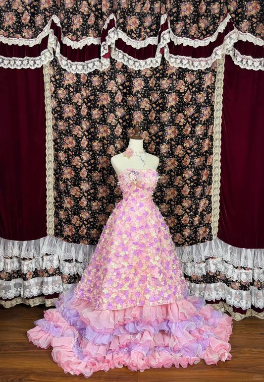 Gorgeous Applique Floral Sweet 16 Quinceanera Strapless A-Line Floor-length Tiered Prom Dress Evening Dress Ball Gown DP6418