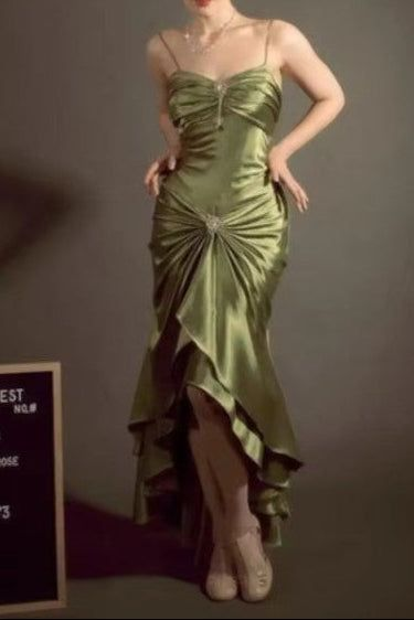 Retro Glam Olive Green Satin Mermaid Prom Dress Spaghetti Strap Ruffled Evening Gown DP7911