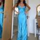 Blue V Neck Backless Sheath Long Party Dress Wedding Guest Dress, DP3174
