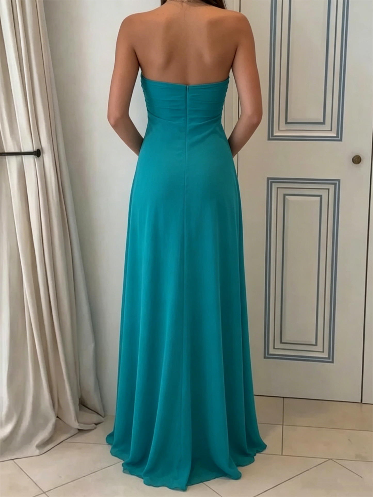 Elegant Turquoise Strapless Ruched Chiffon A-Line Long Formal Prom Dress DP8459