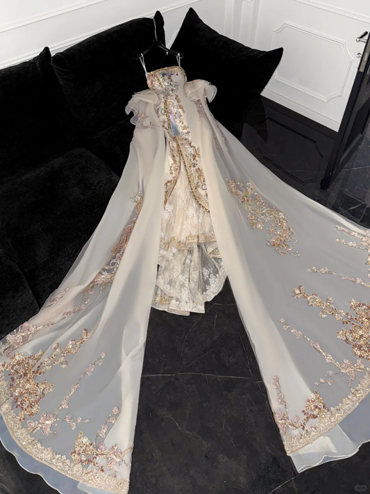 Sparkling Beige Beaded Sequined Design Elegant Mermaid Prom Dress Evening Dress DP6230