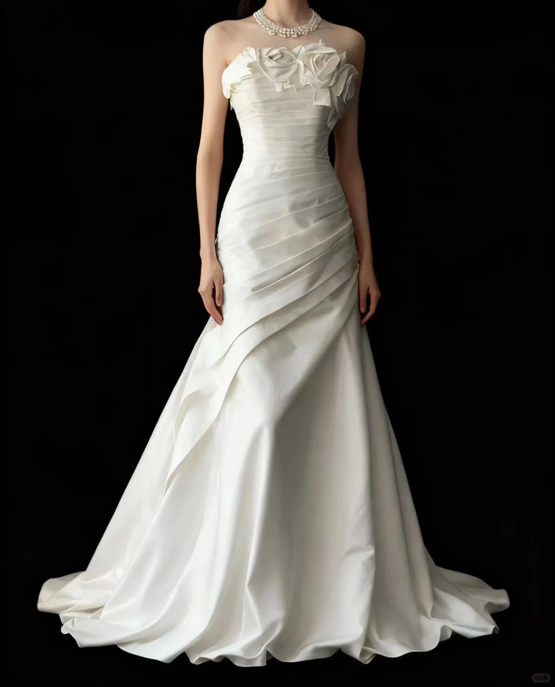 Vintage White Satin Strapless Floral Bodice Mermaid with Train Wedding Dress DP7650