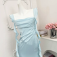 Vintage Light Blue Satin Cowl Neck Mermaid Ruffle Spaghetti Straps Ruched Prom Dress DP8569