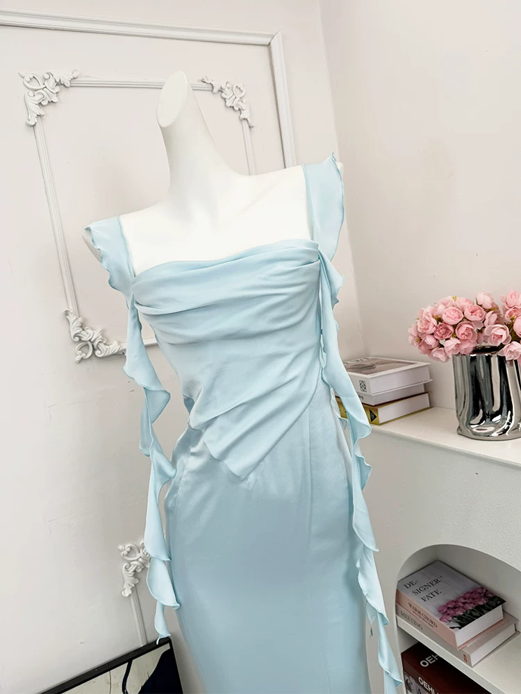 Vintage Light Blue Satin Cowl Neck Mermaid Ruffle Spaghetti Straps Ruched Prom Dress DP8569
