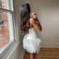 White Strapless Sheath Short Party Dress with Feathers, DP2750