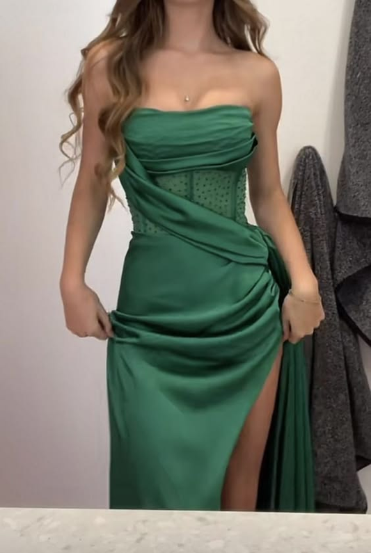 Green Strapless Satin Long Party Dress Birthday Outfits with Slit , DP3629