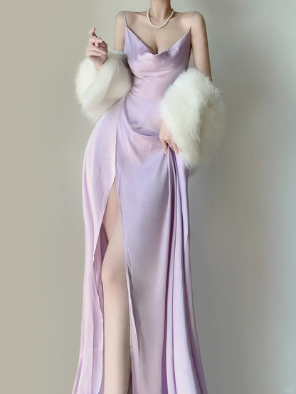 Elegant Lilac Straps A-Line Backless Satin Long Party Dress Evening Dress, DP5393