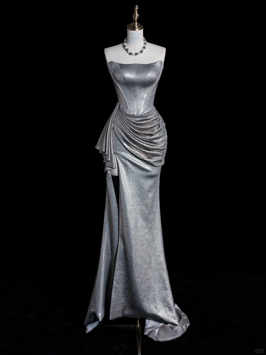 Elegant Silver Strapless Mermaid Long Evening Party Dress Birthday Outfits, DP5353
