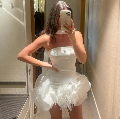 White Strapless Sheath Short Party Dress with Feathers, DP2750