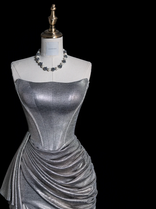 Elegant Silver Strapless Mermaid Long Evening Party Dress Birthday Outfits, DP5353