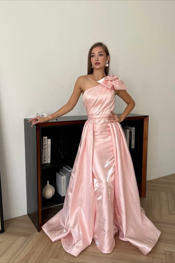 Glamorous Pink One-Shoulder Satin A-Line Evening Gown DP8406