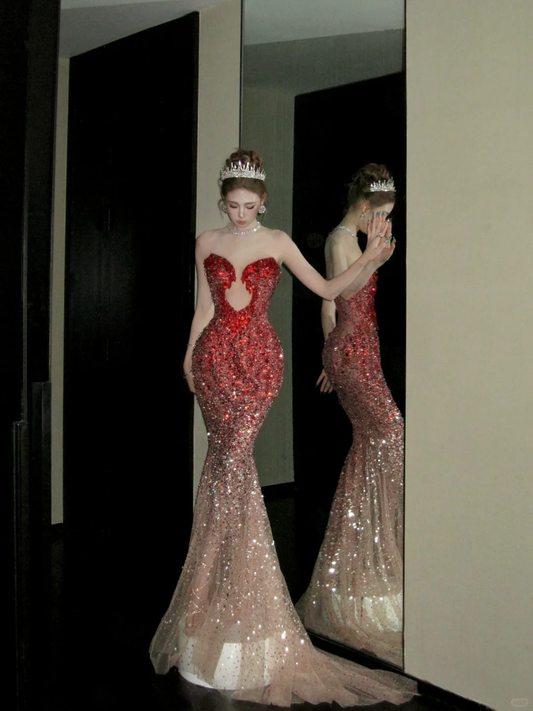 Vintage Farbverlauf Rot Liebsten Trägerlosen Meerjungfrau Design Sexy Ballkleid Abendkleid DP6253