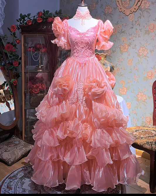 Vintage Coral Pink Ruffled 3D Floral Appliques Sweet 15 Quinceanera Ball Gown DP8069