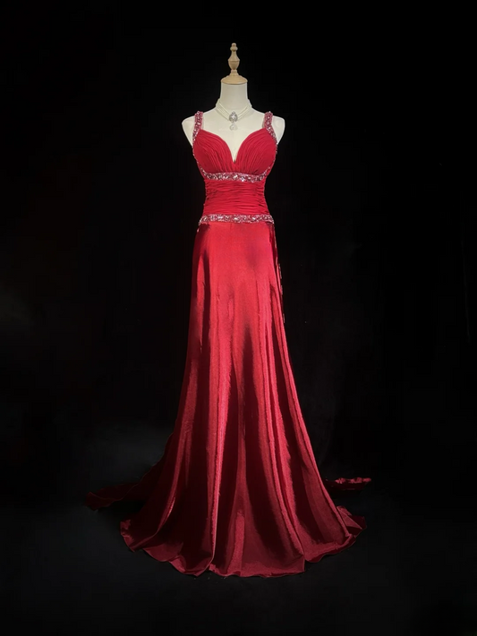 Glamorous Red Satin Beaded Prom Dress Sheath Plunging Neckline Evening Gown DP7105
