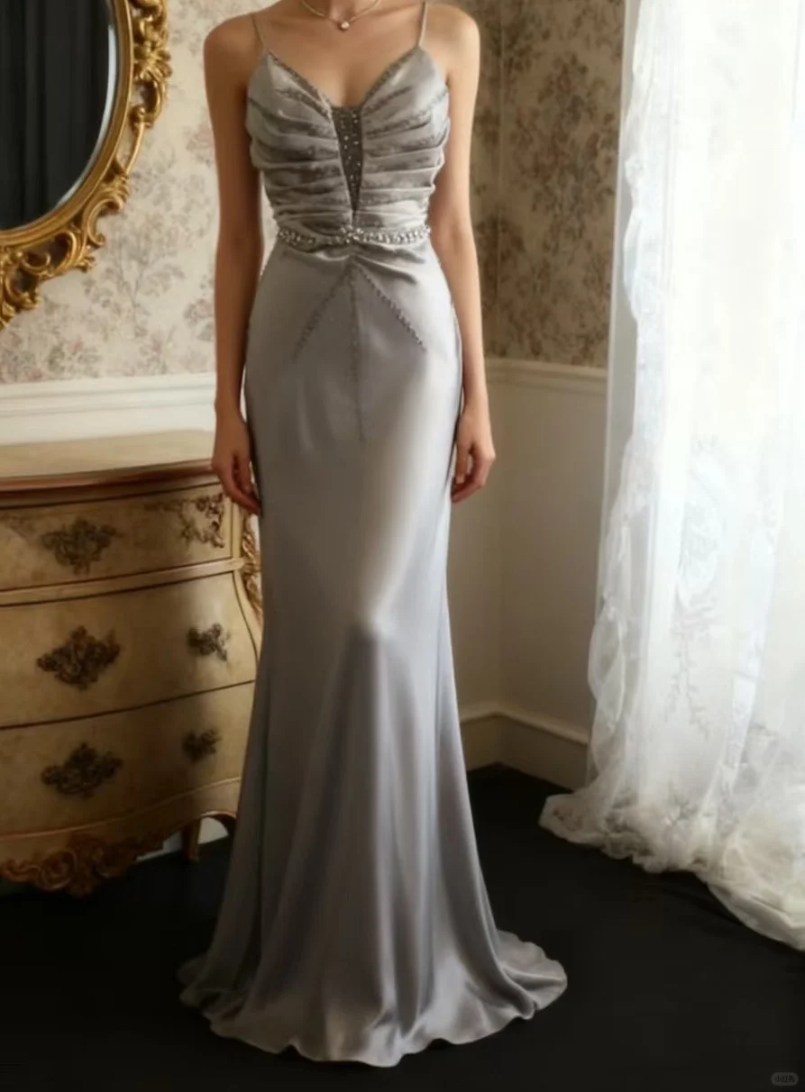 Glamorous Gray Satin Spaghetti Strap Ruched Bodice Embellished Waist & Mermaid Prom Dress DP7652