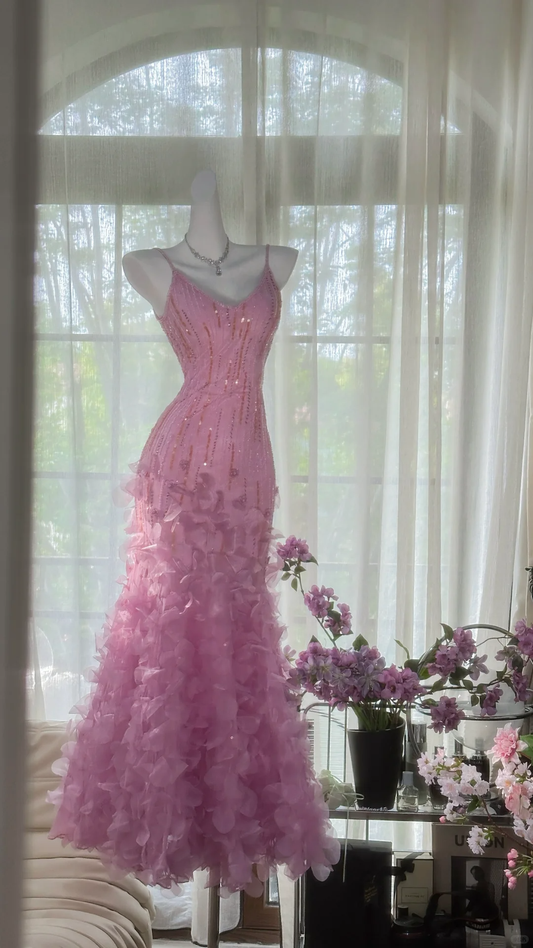 Vintage Glänzende Pailletten Hot Pink Spaghettiträger Meerjungfrau Chiffon Ballkleid Abendkleid DP6364