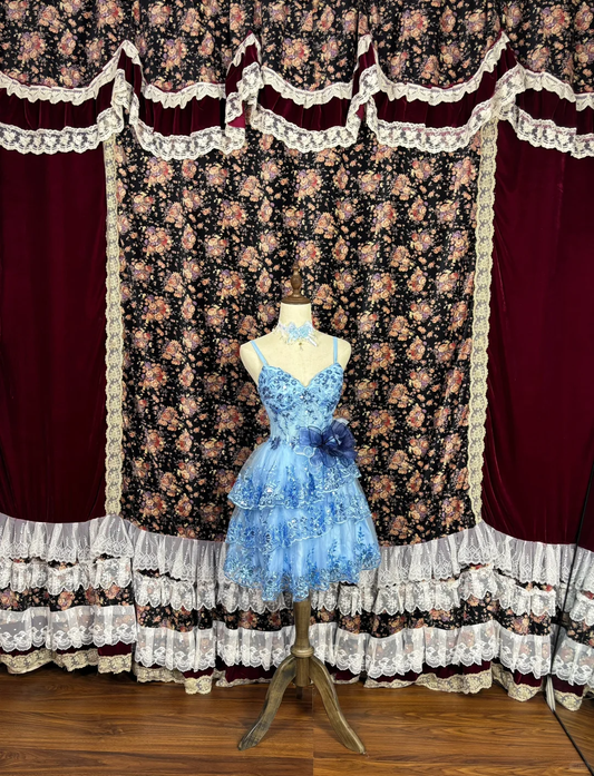 Retro Blue Floral Applique A-Line Elegant Chiffon Tiered Homecoming Dress Evening Dress Prom Dresses DP6150