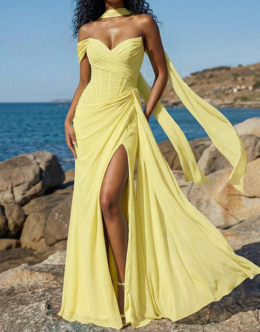 Vintage Yellow Off-the-Shoulder Chiffon Ruched Corset Bodice High Slit Prom Dress DP8366