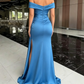 Elegant Blue Off-the-Shoulder Satin Mermaid Prom Dress DP8527