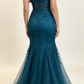 Elegant Teal Spaghetti Strap V-Neck Mermaid Floral Lace Beaded Tulle Formal Prom Dress DP8630