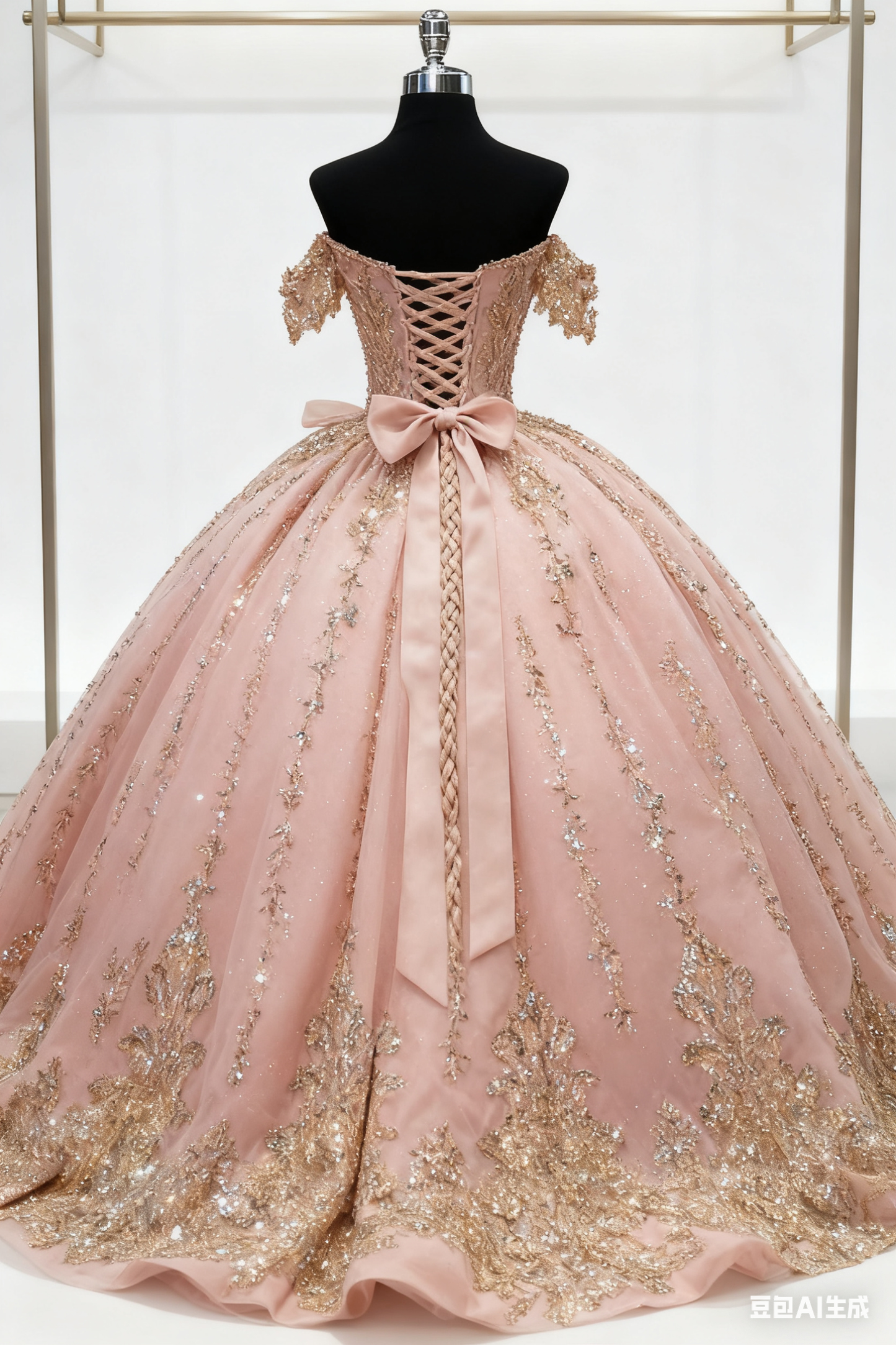 Robe de bal élégante rose à épaules dénudées en tulle brodé de sequins dorés DP7227
