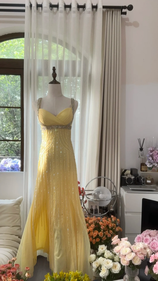 Retro Yellow Shinny Backless Design A-line Elegant Chiffon Evening Dress Prom Dress, DP5987
