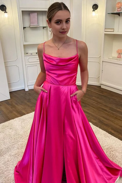 Hot Pink Scoop Neck Satin A-Line Long Party Dress with Slit, DP2622