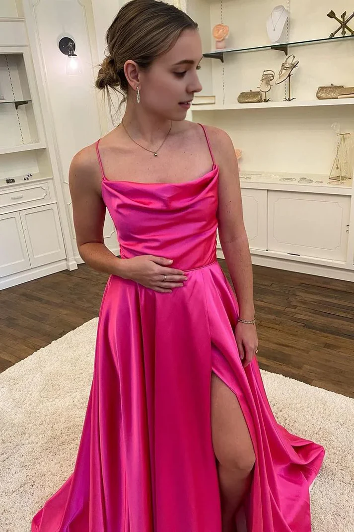 Hot Pink Scoop Neck Satin A-Line Long Party Dress with Slit, DP2622