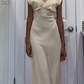 Ivory V Neck Simple Satin Long Prom Dress Wedding Guest Dress, DP2858